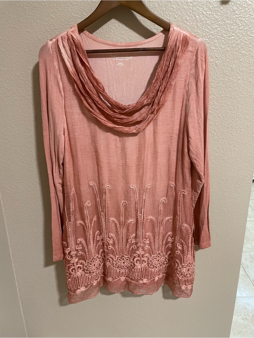 Soft Surroundings Beaux Arts  Peachy Pink Embroidered Cowl Neck Silk Tunic